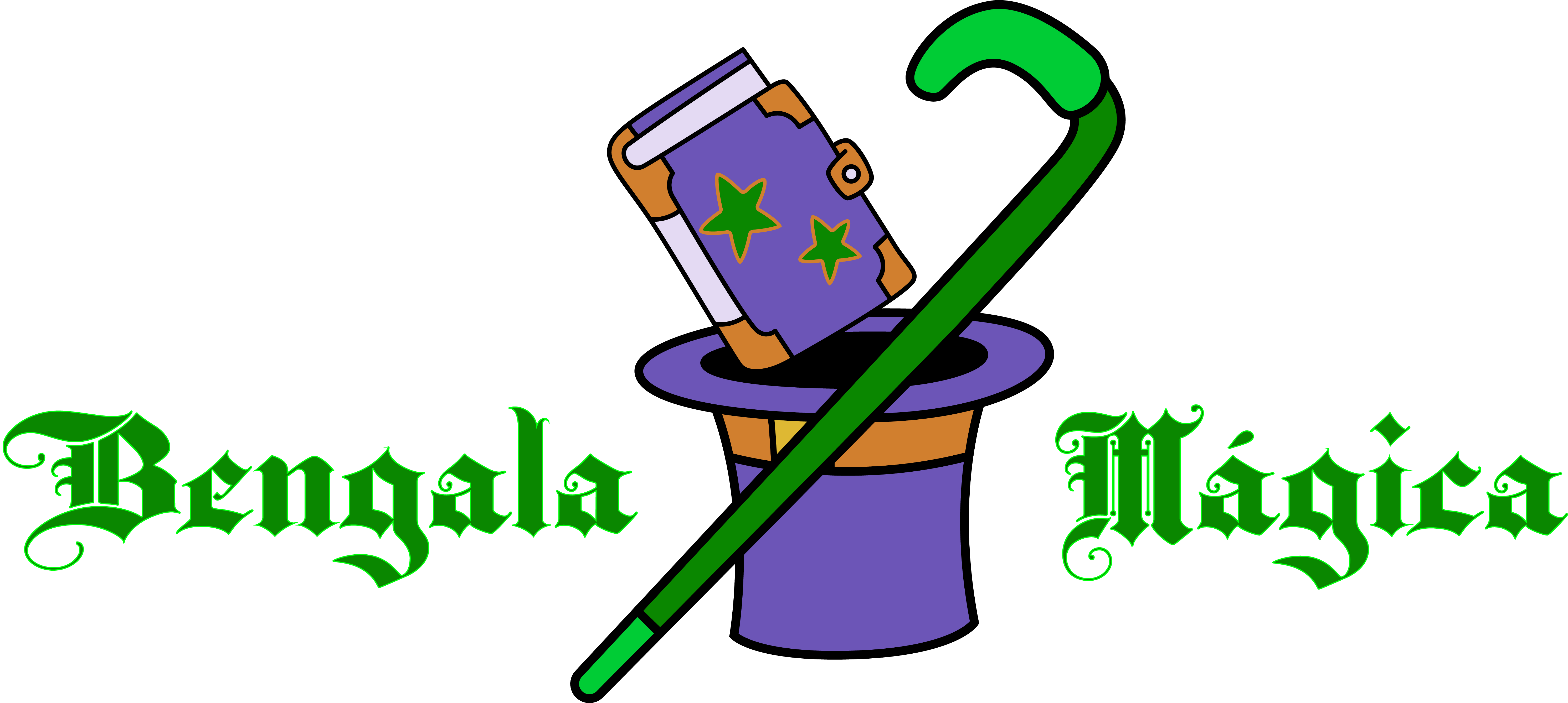 Uma cartola no centro das palavras em letra gótica. Bengala magica, e a figura de uma bengala estilo canadende olhando para a cartola que de lá sai um livro. Cartola e livro na cor lilas escuro, a bengala na cor ver. Um lindo trabalho do disigner Daniel Quintana